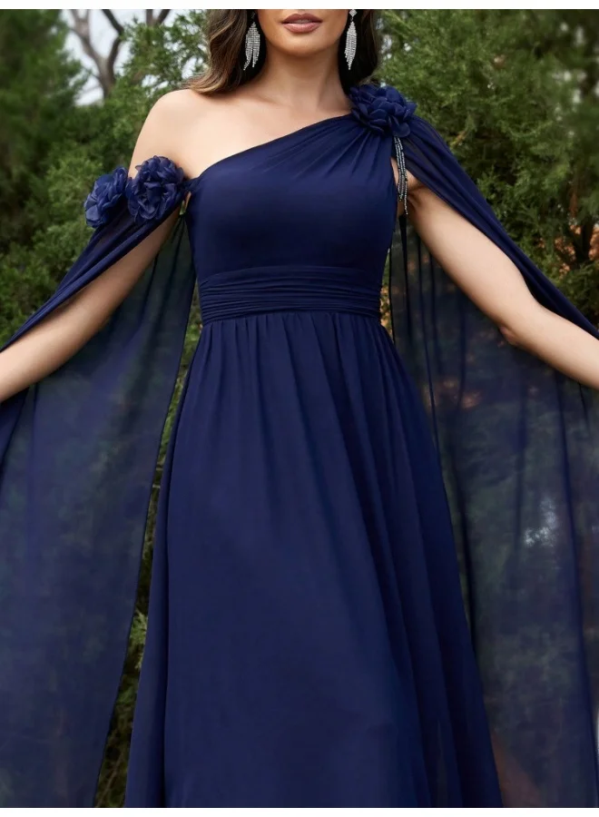 Madam Uniq Deep Blue One - Shoulder Cape Maxi Dress, Flower Details