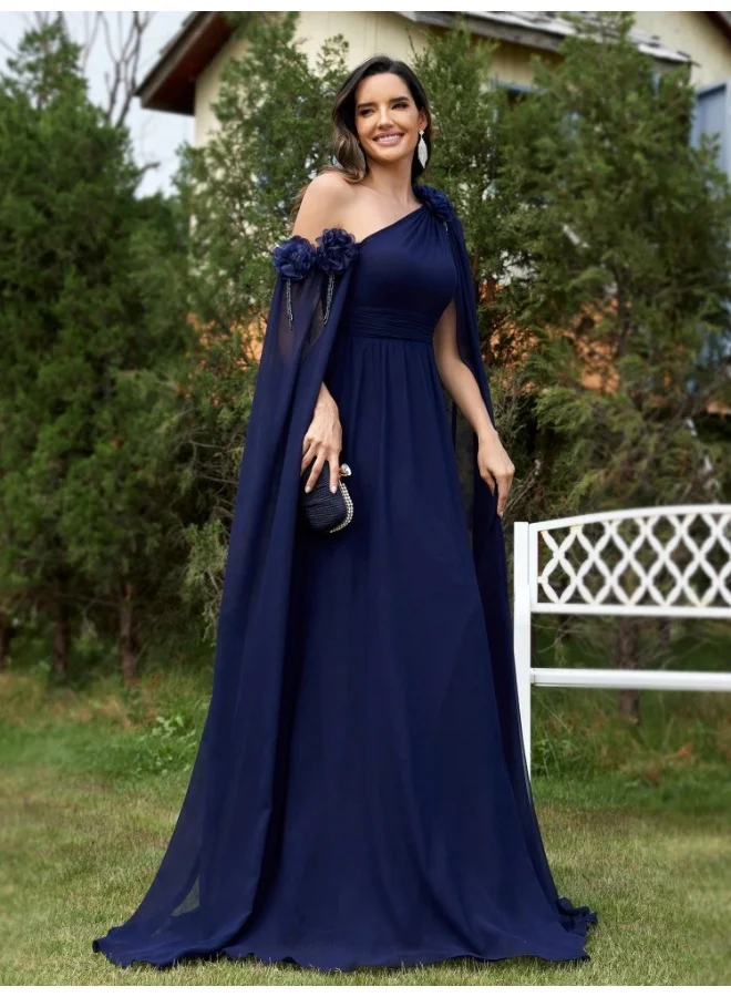 Madam Uniq Deep Blue One - Shoulder Cape Maxi Dress, Flower Details