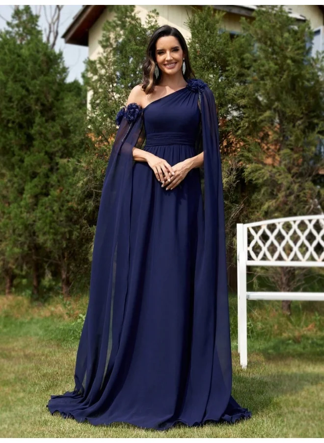 Madam Uniq Deep Blue One - Shoulder Cape Maxi Dress, Flower Details