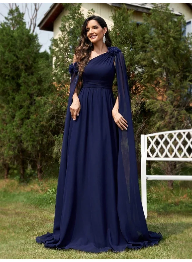 Madam Uniq Deep Blue One - Shoulder Cape Maxi Dress, Flower Details