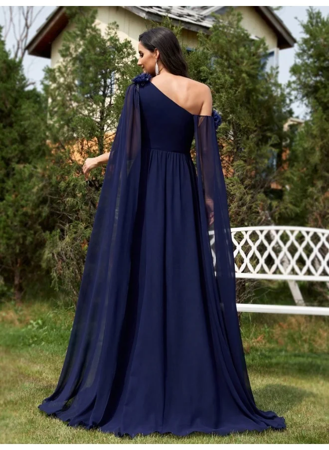 Madam Uniq New Blue Chiffon One-Shoulder Dress with Flowing Ribbons