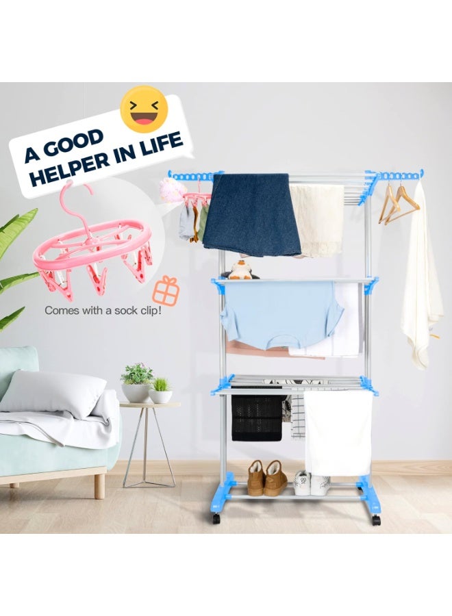 رف تجفيف الملابس مع مجفف للجوارب، شماعة ملابس قابلة للطي من 4 طبقات، رفوف غسيل ملابس من الستانلس ستيل شديدة التحمل وقابلة للتعديل للاستخدام الداخلي والخارجي (ازرق - ابيض) - Image 5