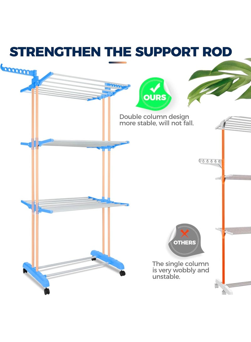 رف تجفيف الملابس مع مجفف للجوارب، شماعة ملابس قابلة للطي من 4 طبقات، رفوف غسيل ملابس من الستانلس ستيل شديدة التحمل وقابلة للتعديل للاستخدام الداخلي والخارجي (ازرق - ابيض) - Image 2