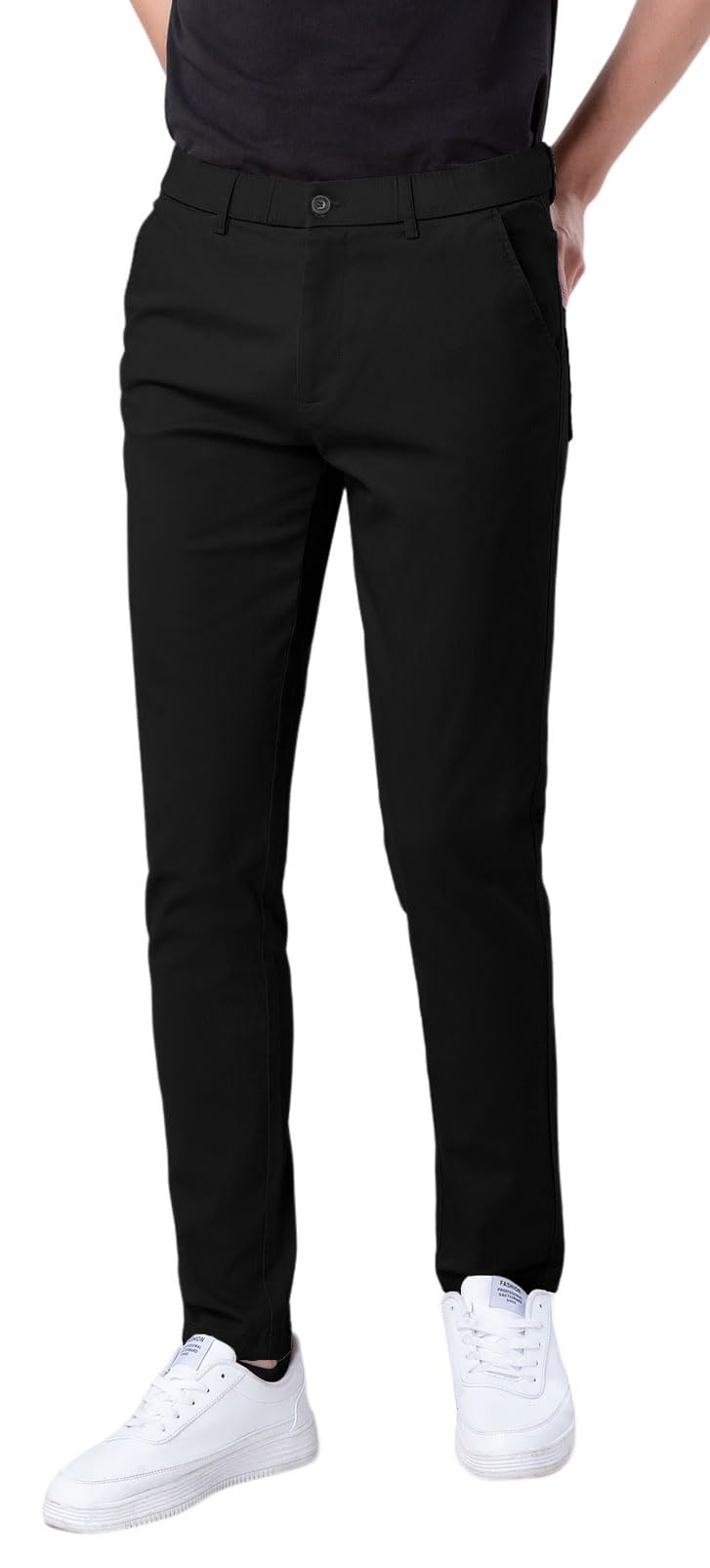 Plaid&Plain Men's Skinny Stretchy Khaki Pants Colored Pants Slim Fit Slacks Tapered Trousers 819 Black 27X30 - Image 1