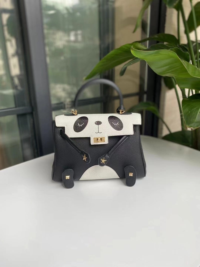 First Layer Cowhide Spoof Cartoon Smiley Face Graffiti Kelly Bag Panda Bag Leather Portable Messenger Bag - Image 1