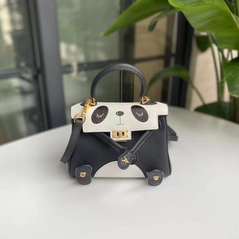 First Layer Cowhide Spoof Cartoon Smiley Face Graffiti Kelly Bag Panda Bag Leather Portable Messenger Bag - Image 4