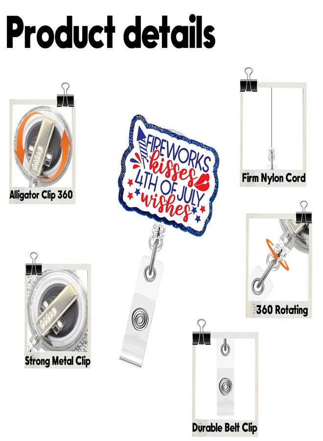 OFDNE 4th of July Badge Reel,Fireworks Lip Print Acrylic Badge for ID Card Badge,Telescoping Retractable Badge Holder Alligator Clip Accessories for Nurse,Medical Worker,Nursing Student,Teacher - Image 2