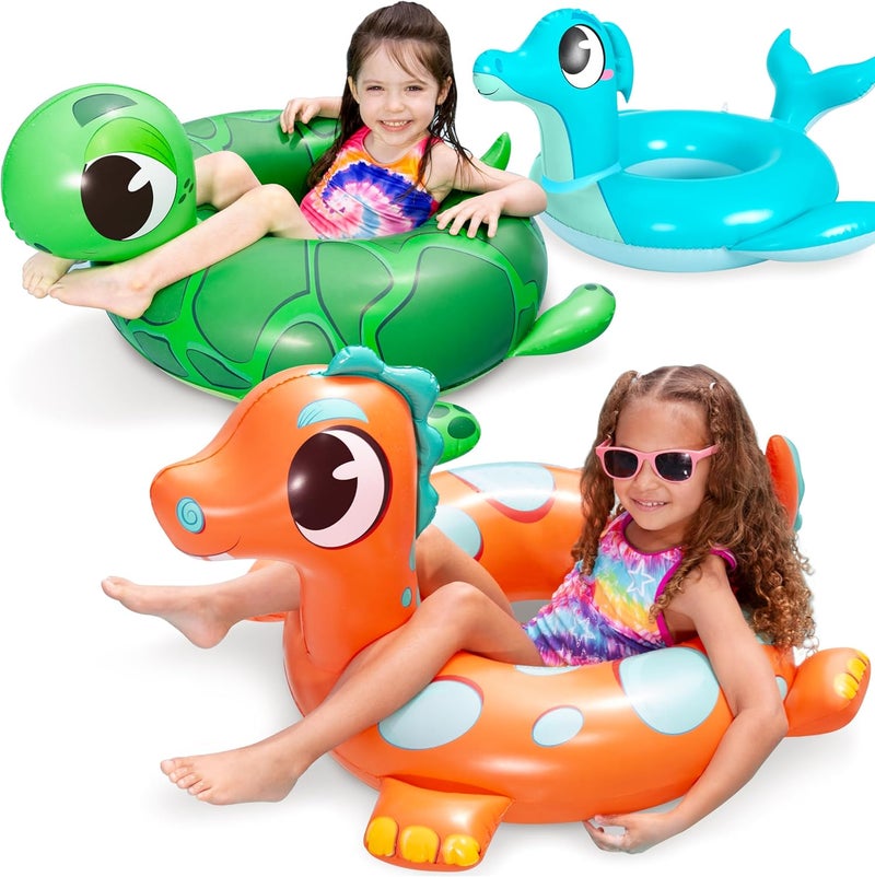Sloosh JOYIN 24" 3 Pack Inflatable Pool Tubes Pool Floats, Dinosaur & Sea Turtle & Dolphin Swimming Rings for Kids Swimming Pool Beach Summer Water Float Party Outdoor - Image 1