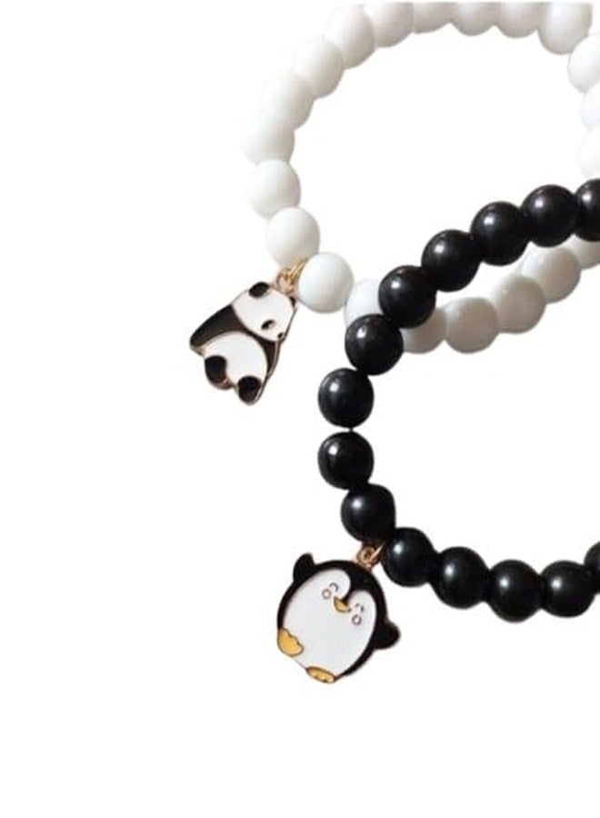 SUPER SOFTENER SUPERSOFTNER Bracelets 2Pcs Love Heart Matching Panda and Penguin Matte Beads Bracelet Set Adjustable Bracelets for Men Women Couples Friends Gift Friendship - (Pack of 2) - Image 1