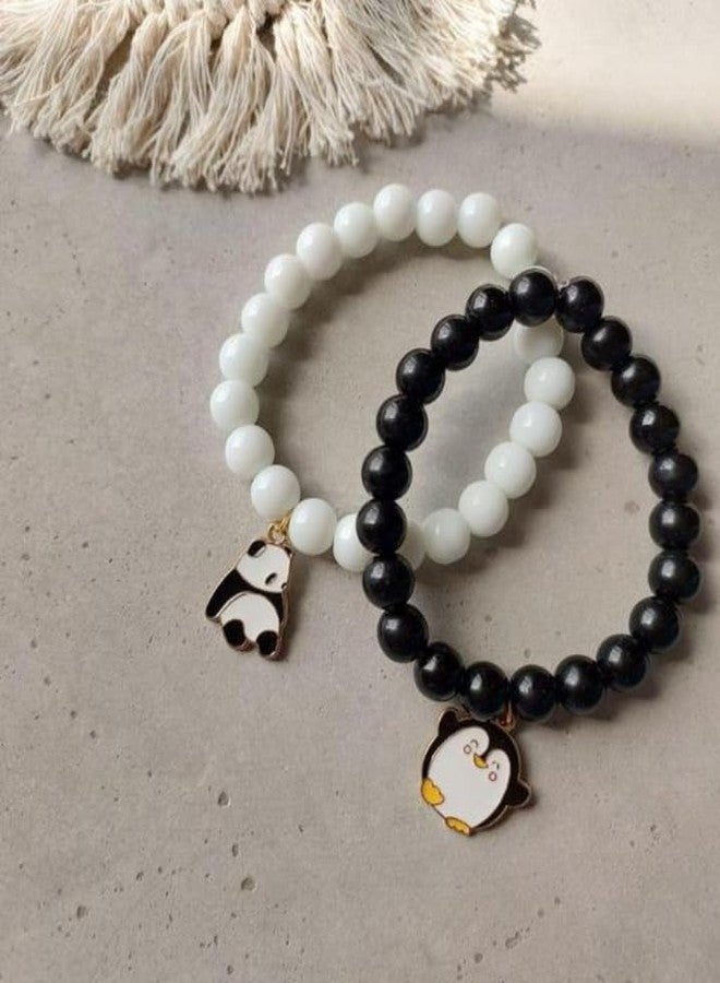 SUPER SOFTENER SUPERSOFTNER Bracelets 2Pcs Love Heart Matching Panda and Penguin Matte Beads Bracelet Set Adjustable Bracelets for Men Women Couples Friends Gift Friendship - (Pack of 2) - Image 4
