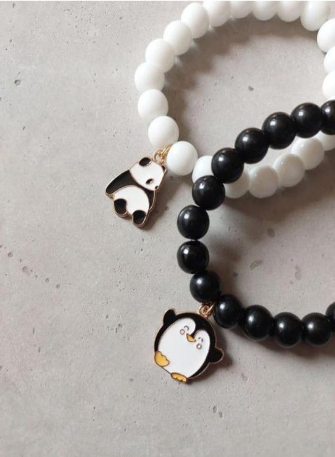 SUPER SOFTENER SUPERSOFTNER Bracelets 2Pcs Love Heart Matching Panda and Penguin Matte Beads Bracelet Set Adjustable Bracelets for Men Women Couples Friends Gift Friendship - (Pack of 2) - Image 3