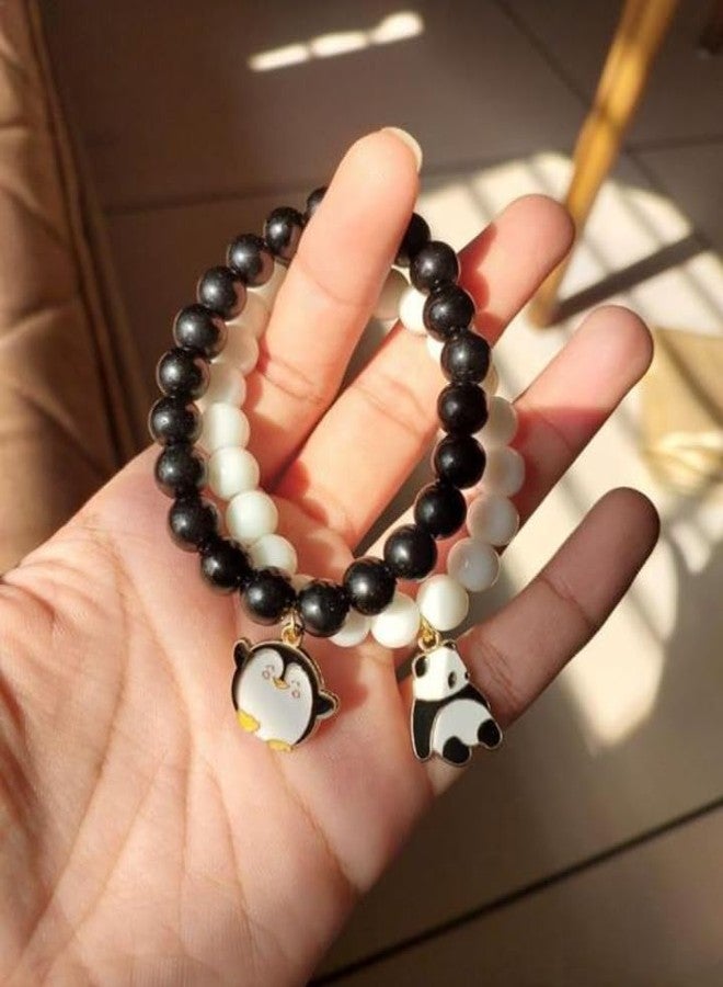 SUPER SOFTENER SUPERSOFTNER Bracelets 2Pcs Love Heart Matching Panda and Penguin Matte Beads Bracelet Set Adjustable Bracelets for Men Women Couples Friends Gift Friendship - (Pack of 2) - Image 2