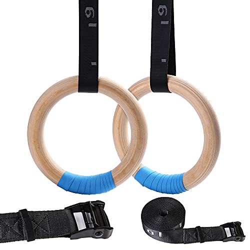 YOELVN Wood Gymnastic Rings with Adjustable Number Suspension Trainer Straps with Cam Buckle 15ft Olympic Rings 32/28mm Heavy Duty 1543/992lbs for Pull Up Bar Workout Exercise Gym Hanging Rings Indoor - Image 2