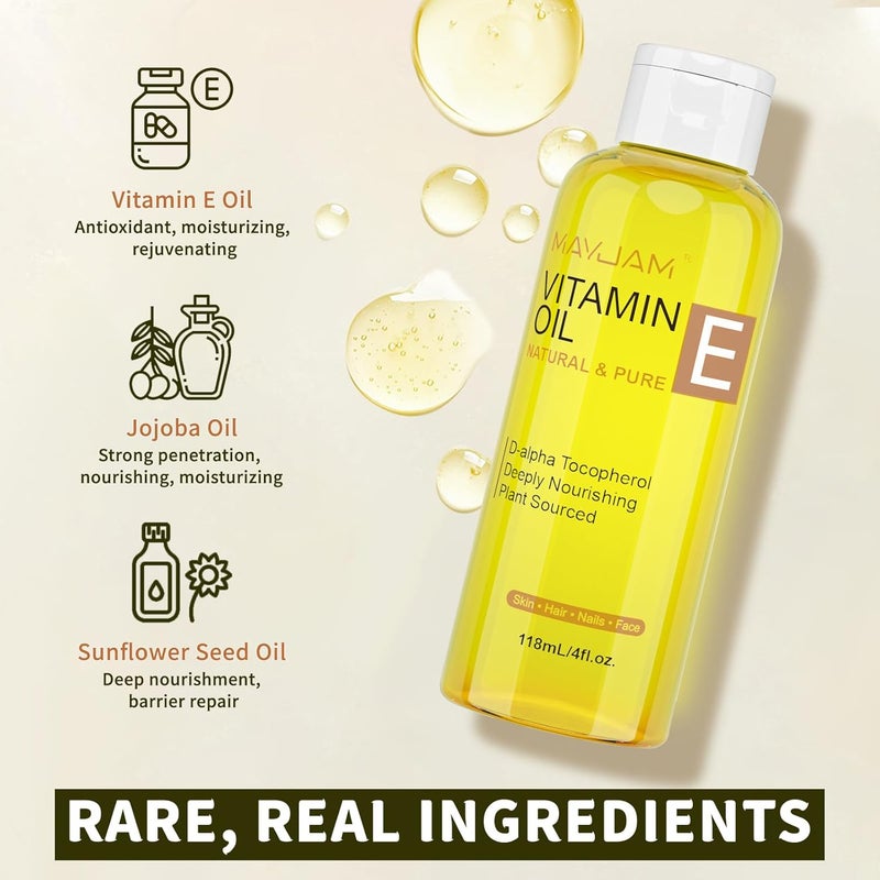 MAYJAM Organic Vitamin E Oil 50000 IU for Skin Pure Natural Vitamine oils for Scars Hair Face Nail Scalp Bath and Body Oil Tocopherol to Repair Damaged Skin Moisturizing Dry Skin 4 Fl Oz - Image 3