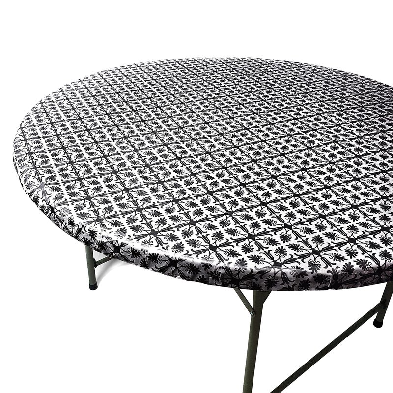 TopTableCloth Fits Tables up to 43 to 48 Inch Fitted Round Tablecloth Elastic Black Patterned Plastic Vinyl Flannel Backed Party Dining Wedding Outdoor Bar Table Cover Cloth Elasticated Christmas