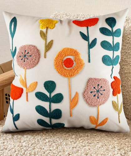 Kokaaee Embroidered Throw Pillow Cover 18x18 Decorative Pillow Cover with Zipper Aesthetic Cute Design Boho Spring Summer Cozy Throw Pillowcase for Living Room Couch Sofa Bed Plants - Image 1