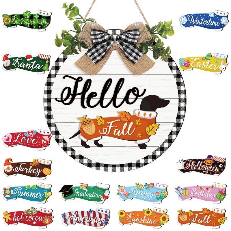 Glenmal 16 Pcs Seasonal Interchangeable Dachshund Door Decor Cute Replaceable Easter Welcome Sign Seasonal Farmhouse Front Door Signs Wood Home SignWhite with Plaid Frame