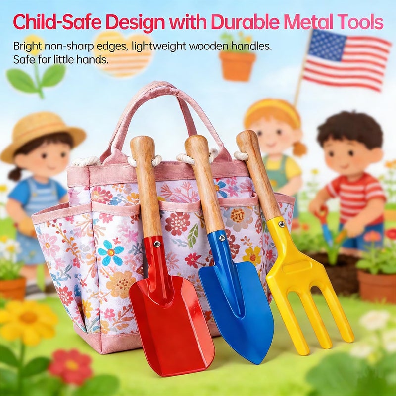liamasum Kids Gardening Tools Set Toddler Gardening Kit with Apron & Tote Bag, Shovel, Fork, Trowel and Gloves, Outdoor Gardening Toys Easter Gifts for Children Ages 3-10 - Image 3