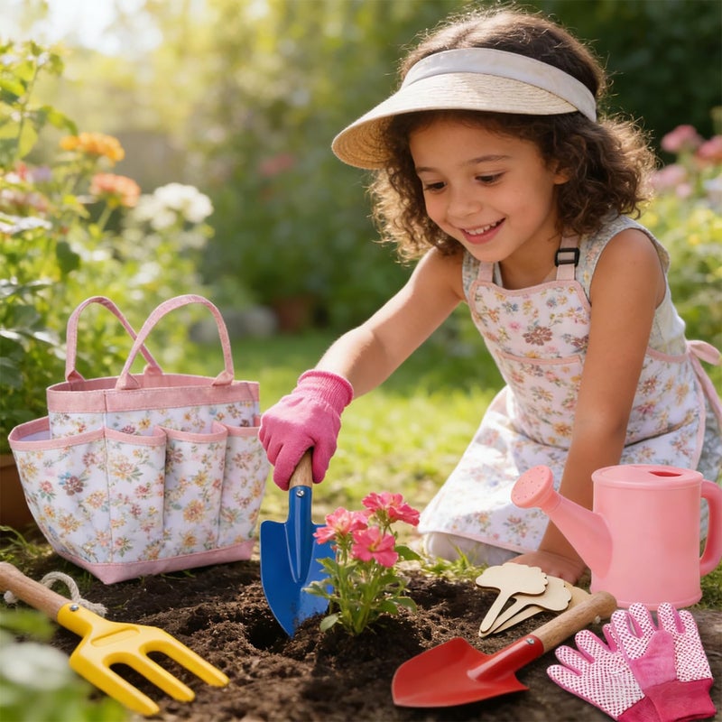 liamasum Kids Gardening Tools Set Toddler Gardening Kit with Apron & Tote Bag, Shovel, Fork, Trowel and Gloves, Outdoor Gardening Toys Easter Gifts for Children Ages 3-10 - Image 2