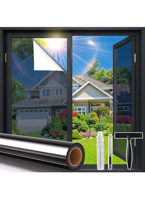 One Way Window Privacy Film, Window Tint For Home, Reflective Mirror Glass Window Coverings Heat Uv Blocking See Out Not In, Black, 17.5 In X 6.5 Feet