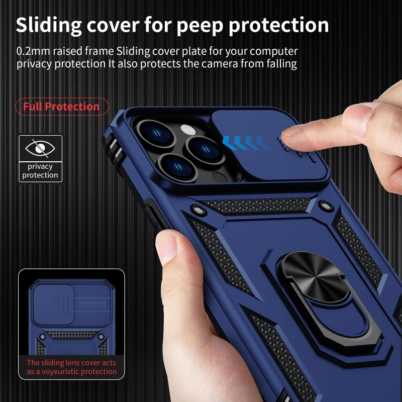 Weycolor for iPhone 12 Pro Max Case with Camera Lens Cover, HD Screen Protector, 10 FT Military Grade Drop Protection, Magnetic Ring Holder Kickstand Protective Phone Case for iPhone 12 Pro Max ,Navy Blue - Image 3