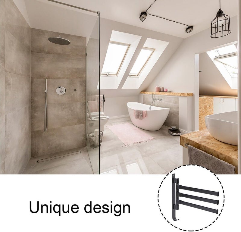 Rotatable Black Towel Rack Wall Mounted Storage Rack with Bars Aluminum Alloy Space-Saving Bathroom and Kitchen Holder for Towels - Image 4