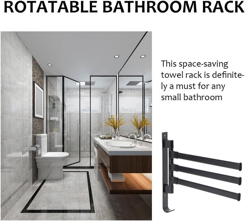 Rotatable Black Towel Rack Wall Mounted Storage Rack with Bars Aluminum Alloy Space-Saving Bathroom and Kitchen Holder for Towels - Image 5
