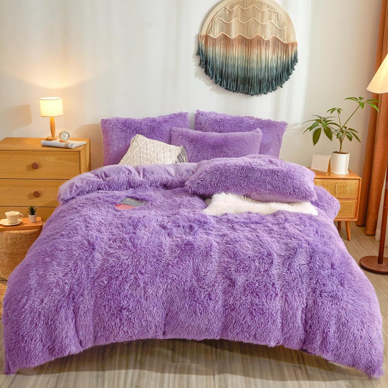 Besfunny Plush Fluffy Purple Comforter Cover Queen Set Faux Fur Plush Purple Bedding 3Piece Set 1 Duvet Cover 2 Furry Pillow Shams Cozy Bed Set