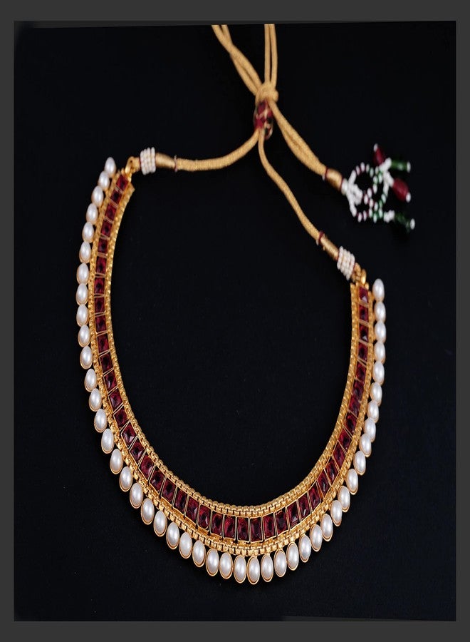 JFL - Jewellery for Less Traditional Gold Plated Maroon Color Stone Studded Pearl Choker Necklace Set for Women & Girls.,Valentine - Image 3