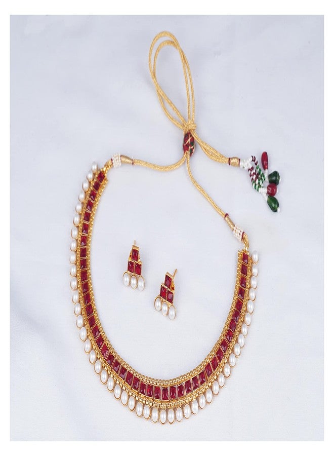 JFL - Jewellery for Less Traditional Gold Plated Maroon Color Stone Studded Pearl Choker Necklace Set for Women & Girls.,Valentine - Image 2