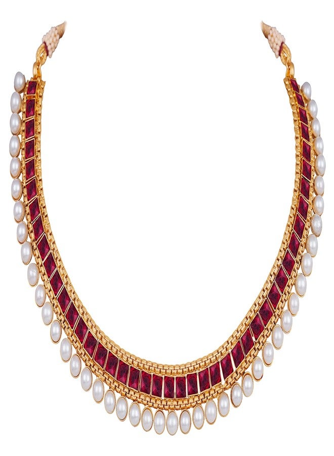 JFL - Jewellery for Less Traditional Gold Plated Maroon Color Stone Studded Pearl Choker Necklace Set for Women & Girls.,Valentine - Image 5