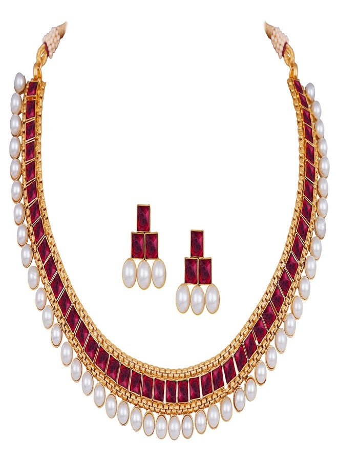 JFL - Jewellery for Less Traditional Gold Plated Maroon Color Stone Studded Pearl Choker Necklace Set for Women & Girls.,Valentine - Image 1