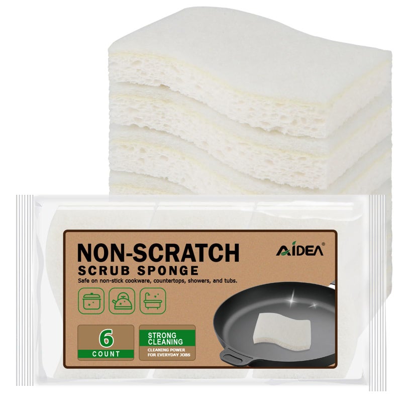 AIDEA Non-Scratch Scrub Sponges-6Count, Sponges Kitchen, Natural Sponges for Non-Stick Cookware, Cellulose Sponges for Dishes, Cleaning Sponge for Kitchen, Bathroom, Household - Image 1