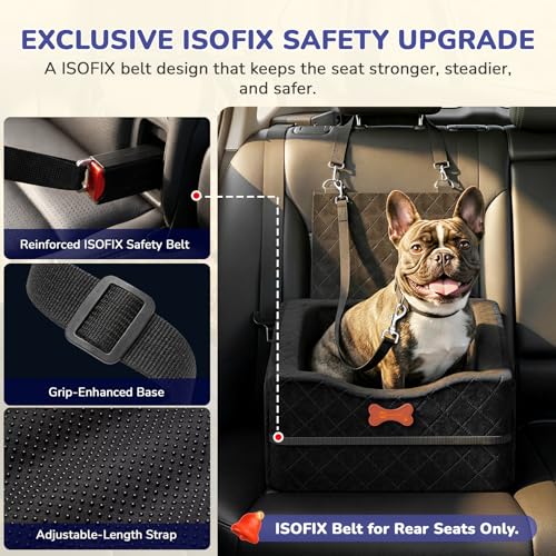 Konduone Dog Car Seat for Small Medium Dogs, 6" Elevated Dog Booster Seat with ISOFIX Safety Fixation, Washable Cover & High Density Memory Foam, Portable for Car Front/Rear/Trunk Home Outdoor Use (Jet Black) - Image 3