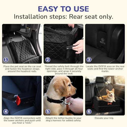 Konduone Dog Car Seat for Small Medium Dogs, 6" Elevated Dog Booster Seat with ISOFIX Safety Fixation, Washable Cover & High Density Memory Foam, Portable for Car Front/Rear/Trunk Home Outdoor Use (Jet Black) - Image 5