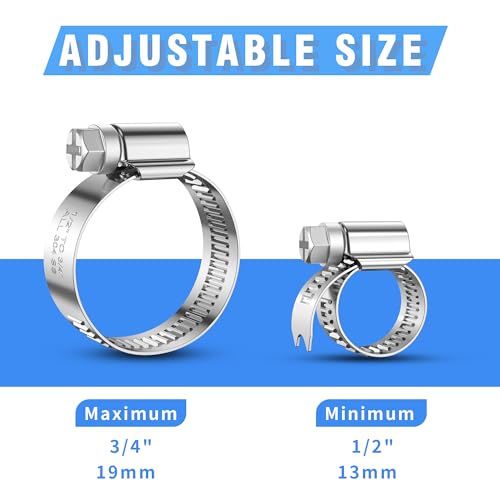 PEROMI 24PCS Adjustable Hose Clamps, 304 Stainless Steel Worm Gear Clamp, 1/2"-3/4"(13-19mm), Rolled Edge No Perforations, Reusable Pipe Clamp for Homes, Automotive, General Piping, Industrial - Image 2