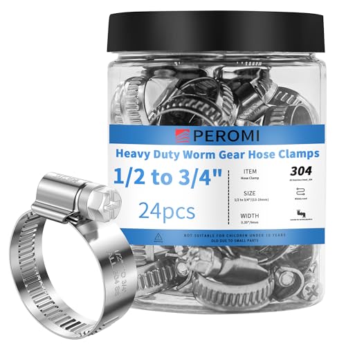 PEROMI 24PCS Adjustable Hose Clamps, 304 Stainless Steel Worm Gear Clamp, 1/2"-3/4"(13-19mm), Rolled Edge No Perforations, Reusable Pipe Clamp for Homes, Automotive, General Piping, Industrial - Image 1