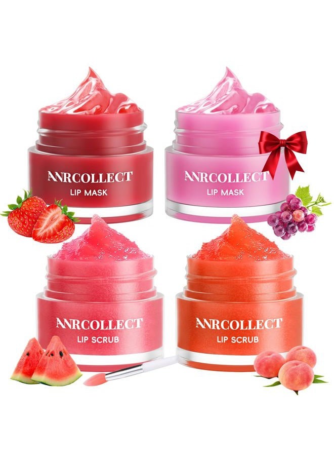 ANRCOLLECT Lip Scrub & Lip Mask - Overnight Treatment Lip Care Kits with 2 Lip Exfoliator & 2 Sleeping Lip Balm, Intense Hydration Lip Set for Dry Chapped Cracked Lips, Exfoliate & Moisturize (4 Pack) - Image 1