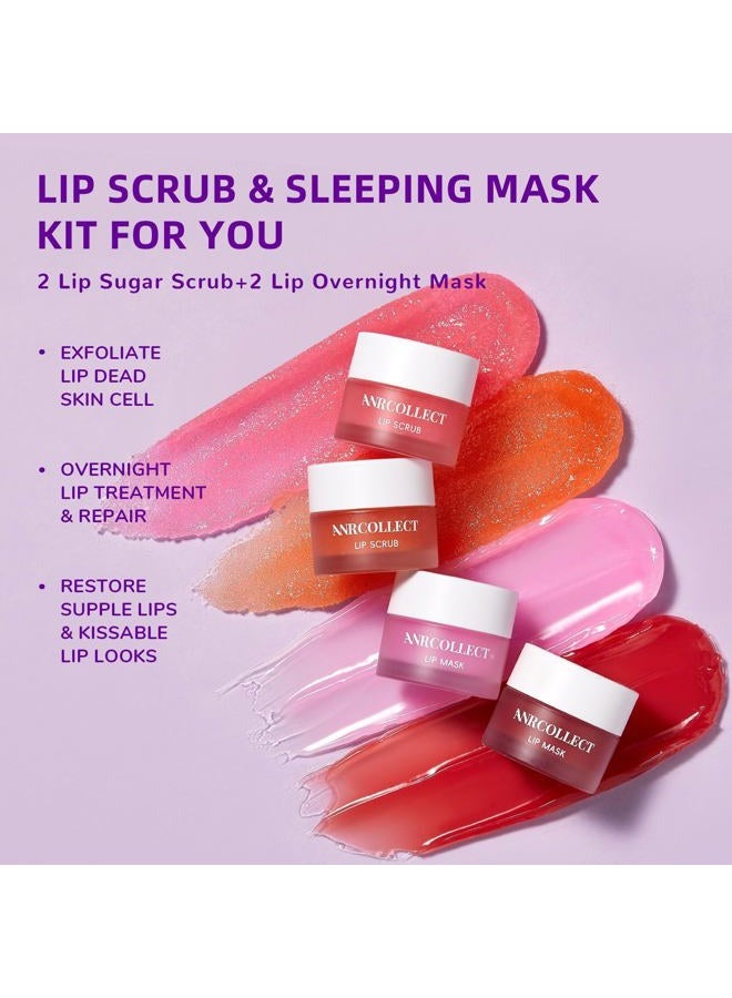ANRCOLLECT Lip Scrub & Lip Mask - Overnight Treatment Lip Care Kits with 2 Lip Exfoliator & 2 Sleeping Lip Balm, Intense Hydration Lip Set for Dry Chapped Cracked Lips, Exfoliate & Moisturize (4 Pack) - Image 2