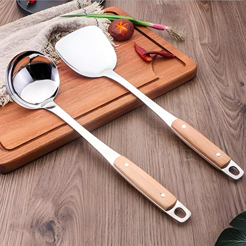PLENARO Stainless Steel Cooking Utensil Set, Slotted Spatula, Skimmer, Soup Ladle, Plain Spatula, Long Handle (Pack of 2) - Image 1