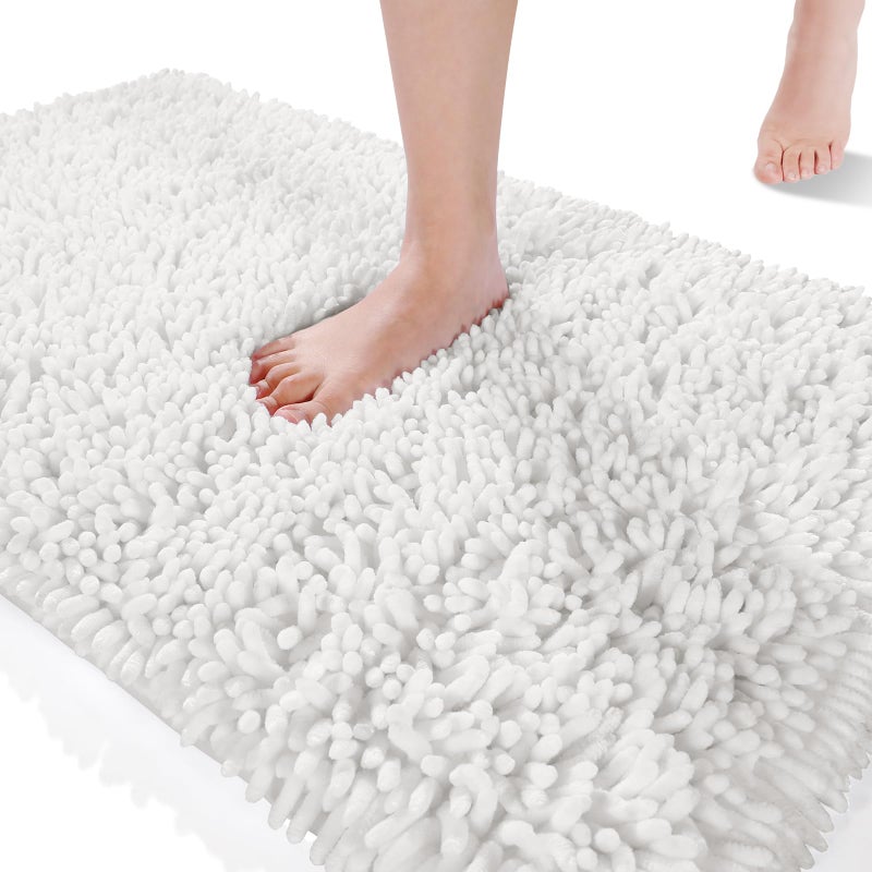 Yimobra Original Shiny Chenille Bath Rug Soft Shaggy Premium NonSlip Bath Mat Large Size Super Absorbent and Think Machine Washable Luxury Plush Mats for Bathroom 362 inch X24 inch White
