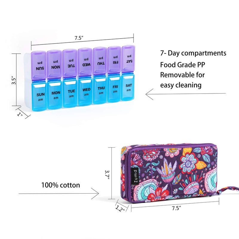 zumd Weekly Pill Organizer 2 Times a Day, Zumd Pill Box 7 Day with Cute Quilted Fabric Zipper Case, Travel Pill Case Am Pm for Vitamin Medicine Organizer - Image 2