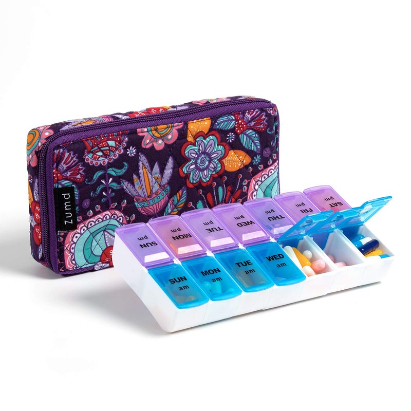 zumd Weekly Pill Organizer 2 Times a Day, Zumd Pill Box 7 Day with Cute Quilted Fabric Zipper Case, Travel Pill Case Am Pm for Vitamin Medicine Organizer - Image 1