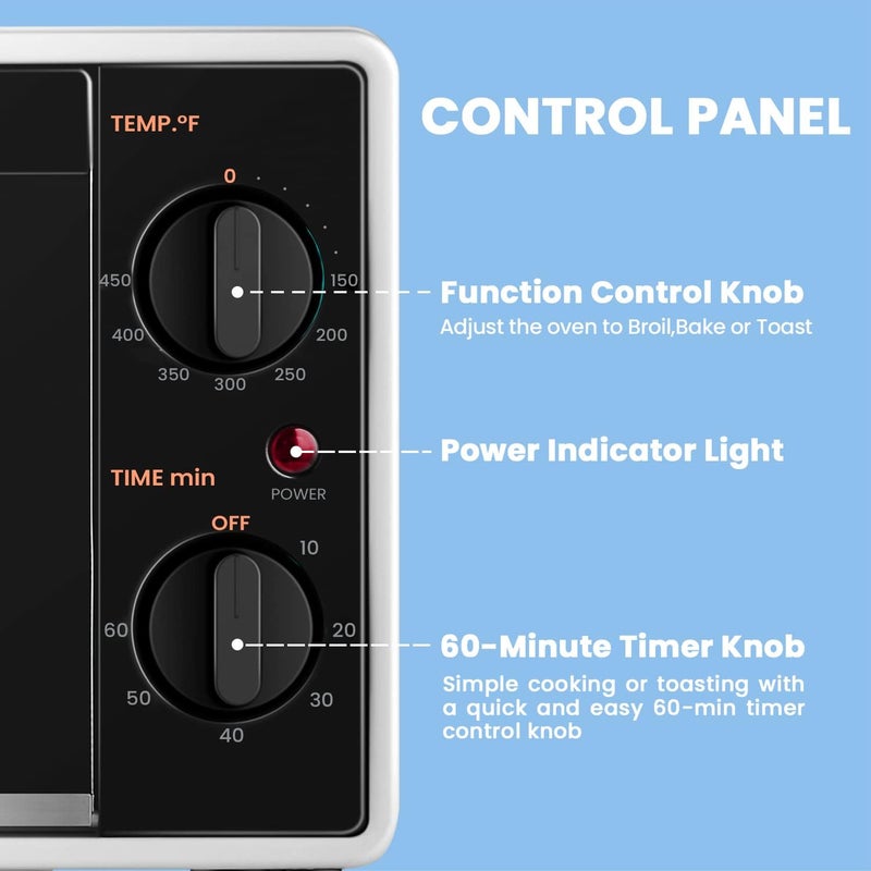 Comfee' ' Mini 2-Slice Toaster Oven, Countertop toaster oven, 2-Knobs Easy to Control with Timer for Bake, Broil, Toast, 1000W, Black/White (CO-B08AA(BK)) - Image 5