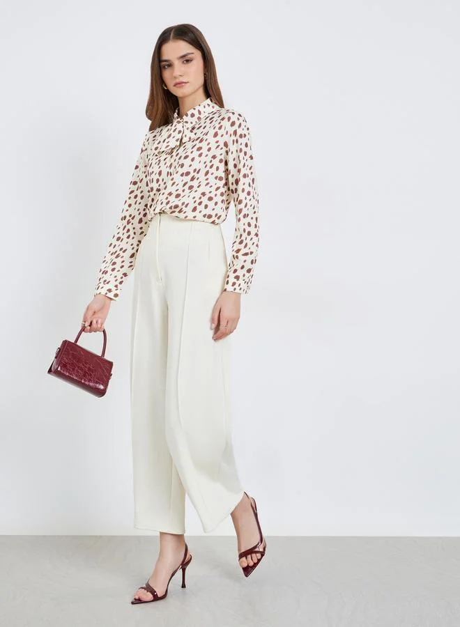 Styli Women Beige Animal Print Tie-Neck Shirt
