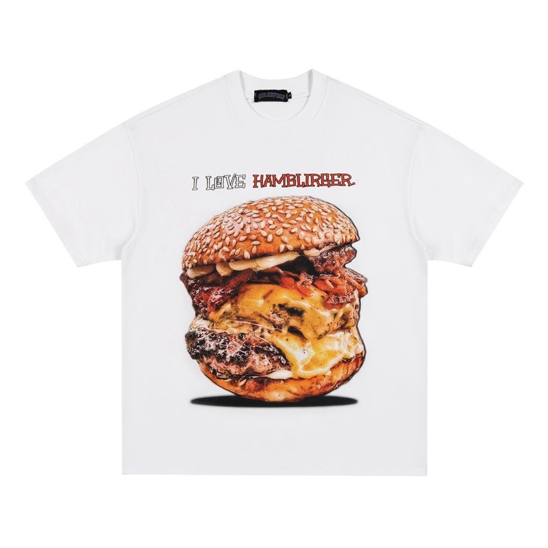 American Retro Trendy Brand Burger Printed Old Half Sleeve T-Shirt For Men And Women Hiphop Street Loose Short Sleeve Tee - Image 3