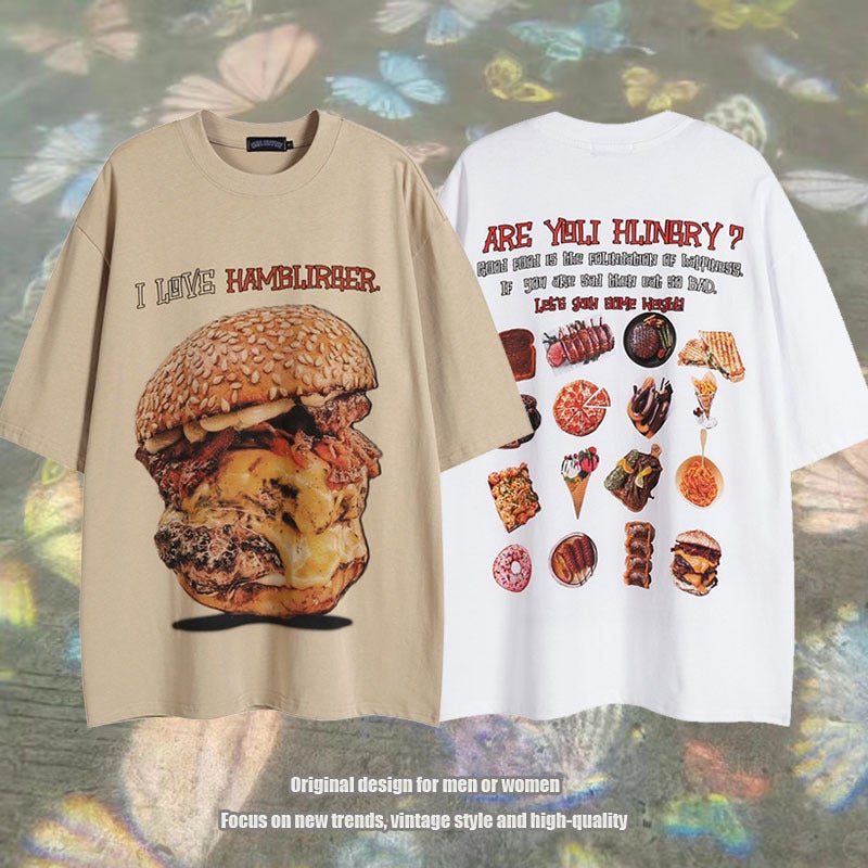 American Retro Trendy Brand Burger Printed Old Half Sleeve T-Shirt For Men And Women Hiphop Street Loose Short Sleeve Tee - Image 2