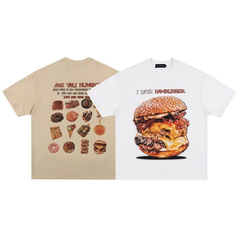 American Retro Trendy Brand Burger Printed Old Half Sleeve T-Shirt For Men And Women Hiphop Street Loose Short Sleeve Tee - Image 5