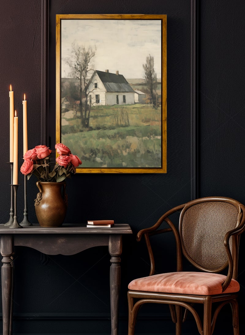 LOWHA Canvas Wall Art Stretched Over Wooden Frame with Wooden Color Floating Frame and Vintage Style Rural Scenery Painting - Image 1