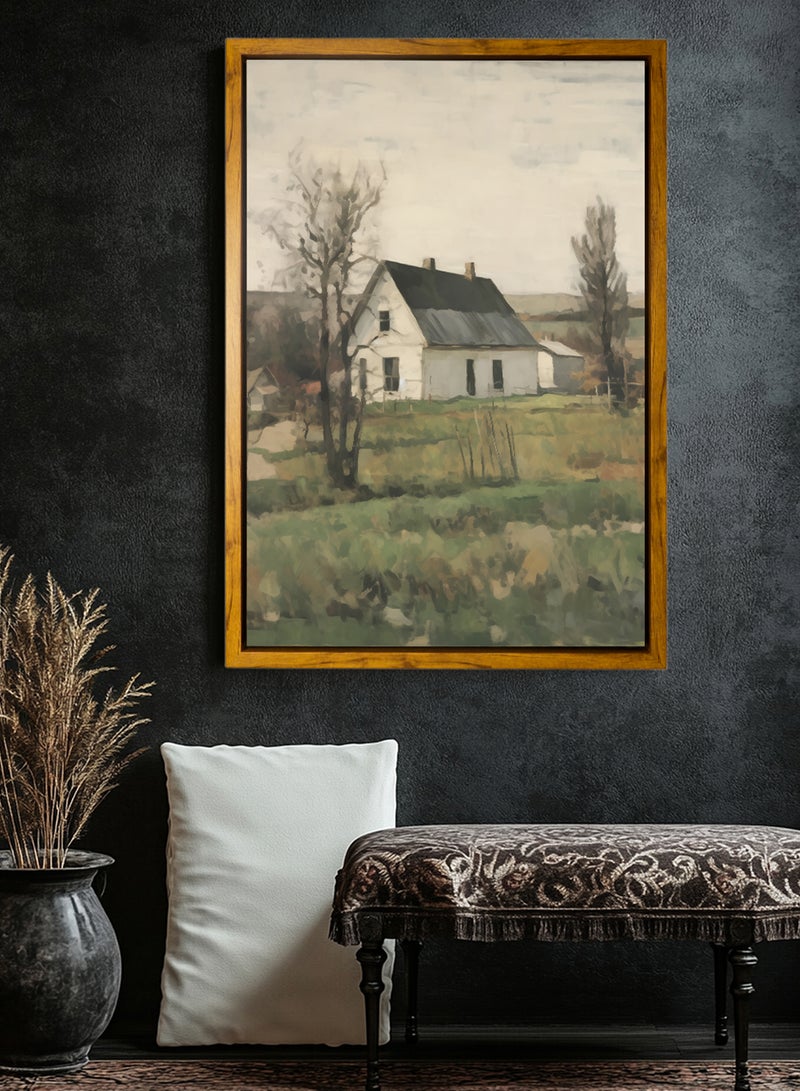 LOWHA Canvas Wall Art Stretched Over Wooden Frame with Wooden Color Floating Frame and Vintage Style Rural Scenery Painting - Image 4